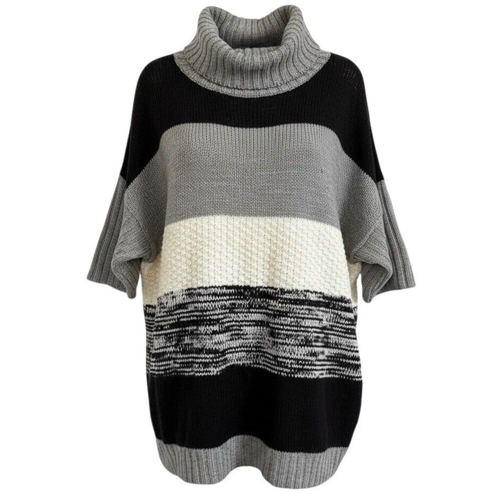 Women's Drop Shoulder Long Sweater Half Sleeve Oversized Sz XL Gray Black White